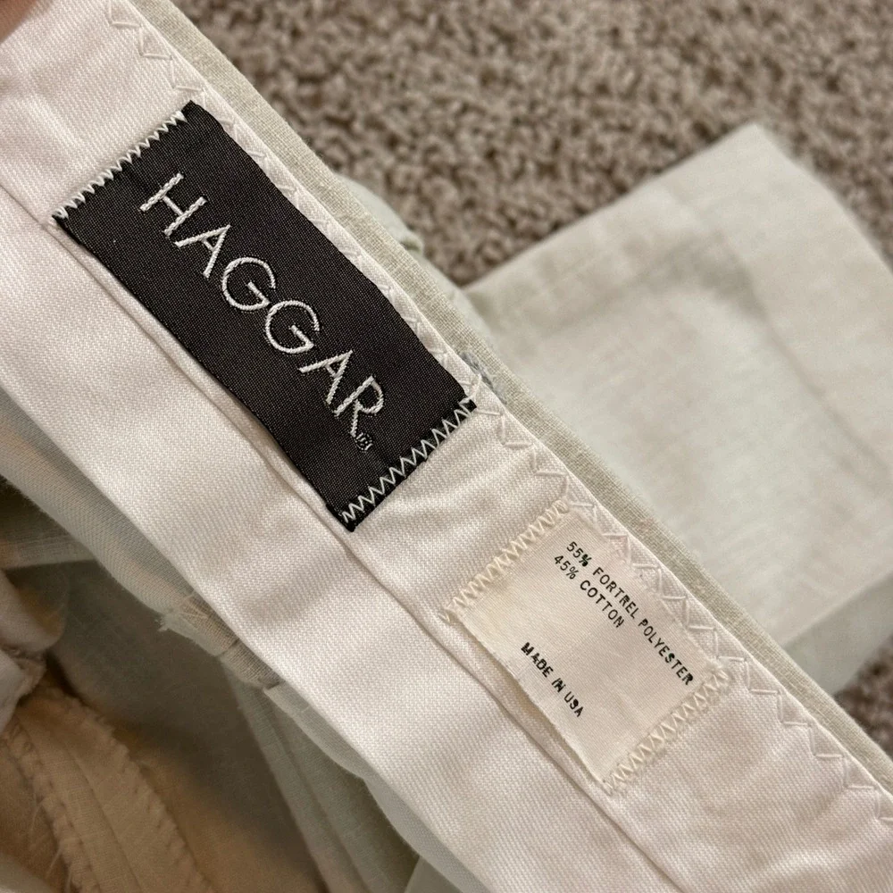 80s Haggar Linen Dress Pants Men 38x32 Cream Good Vintage Made in USA Textured